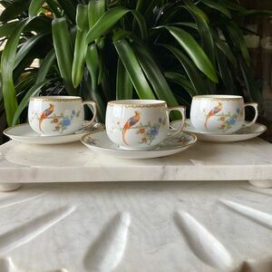 Antique Set of 3 Golden Pheasant MZ Altrohlau Czech Porcelain Teacups + Saucers
